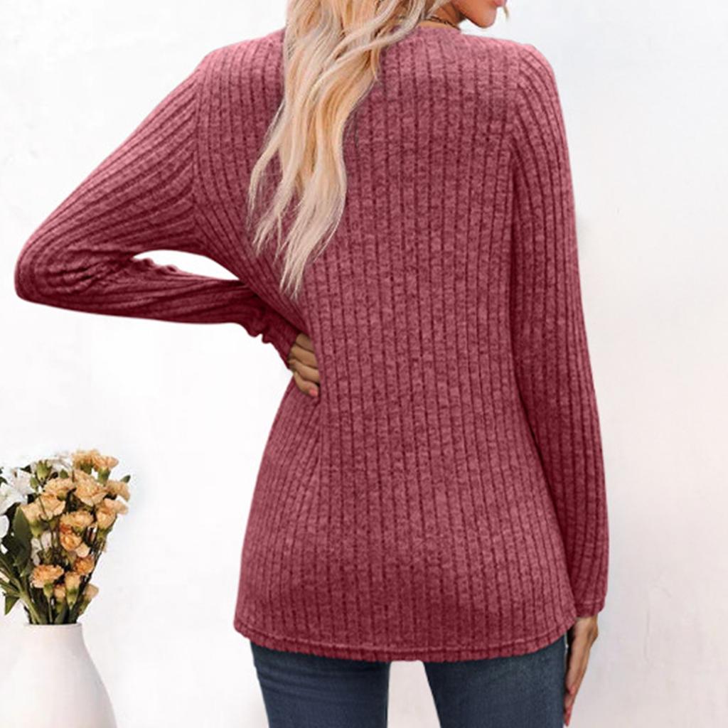 Women's Fashion Solid Color Long Sleeve Button Pullover V Neck Casual Loose Tops