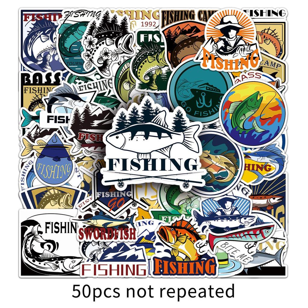 50 Original Waterproof Fishing Cartoon Stickers for Rods, Phones, and Cups