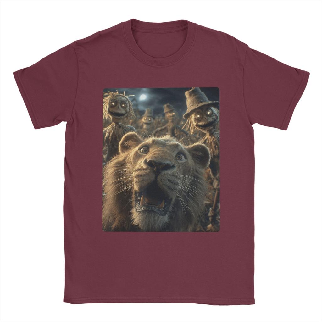 Men T-Shirts Funny Lion Selfie With Scarecrows Novelty Cotton Tee Shirt Scary Halloween T Shirt Crewneck Merchandise Plus Size