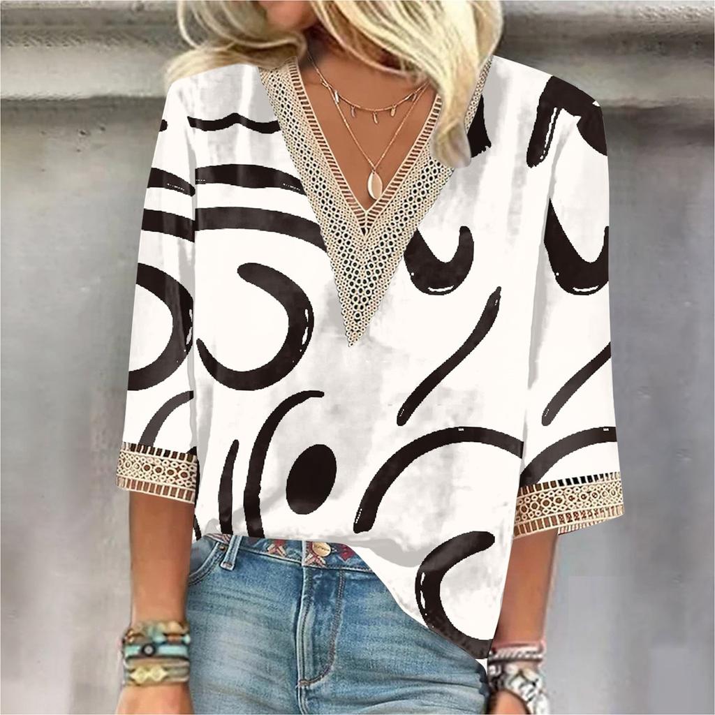 Koszula damska Bluzka Casual Luźne koszule Rękaw 3/4 Koronkowe wykończenia Nadruk Topy z dekoltem w kształcie litery V Topy z nadrukiem T-shirty Tee