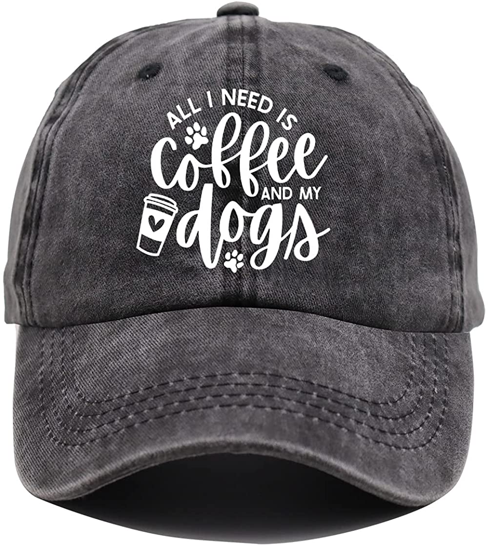 All I Need Is Coffee and My Dogs Hat Dog Dad  Mom Baseball Cap Coffee Life Adjustable Distressed Denim Cap (black,One Size)