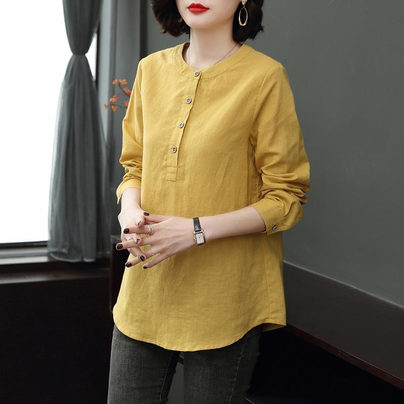 Cotton Linen Shirt Women's Long Sleeved Loose Spring Outfit Stand Up Collar Fashionable Plus Size Casual Linen Top