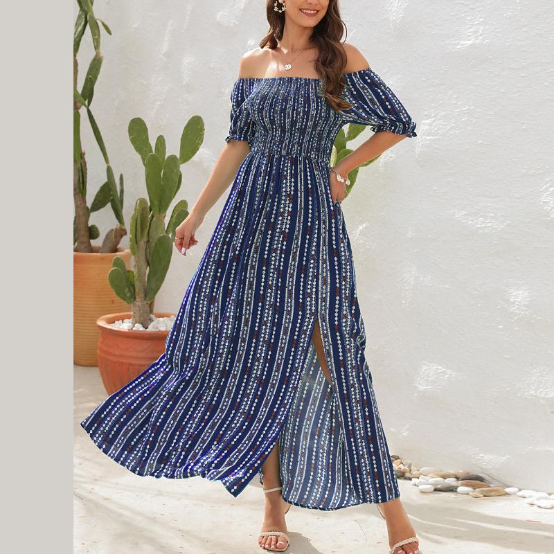 GMXIA Jarní a letní šaty s vertikálním pruhem, potiskem, rozděleným pasem, jedno rameno, krátký rukáv, ležérní sváteční šaty