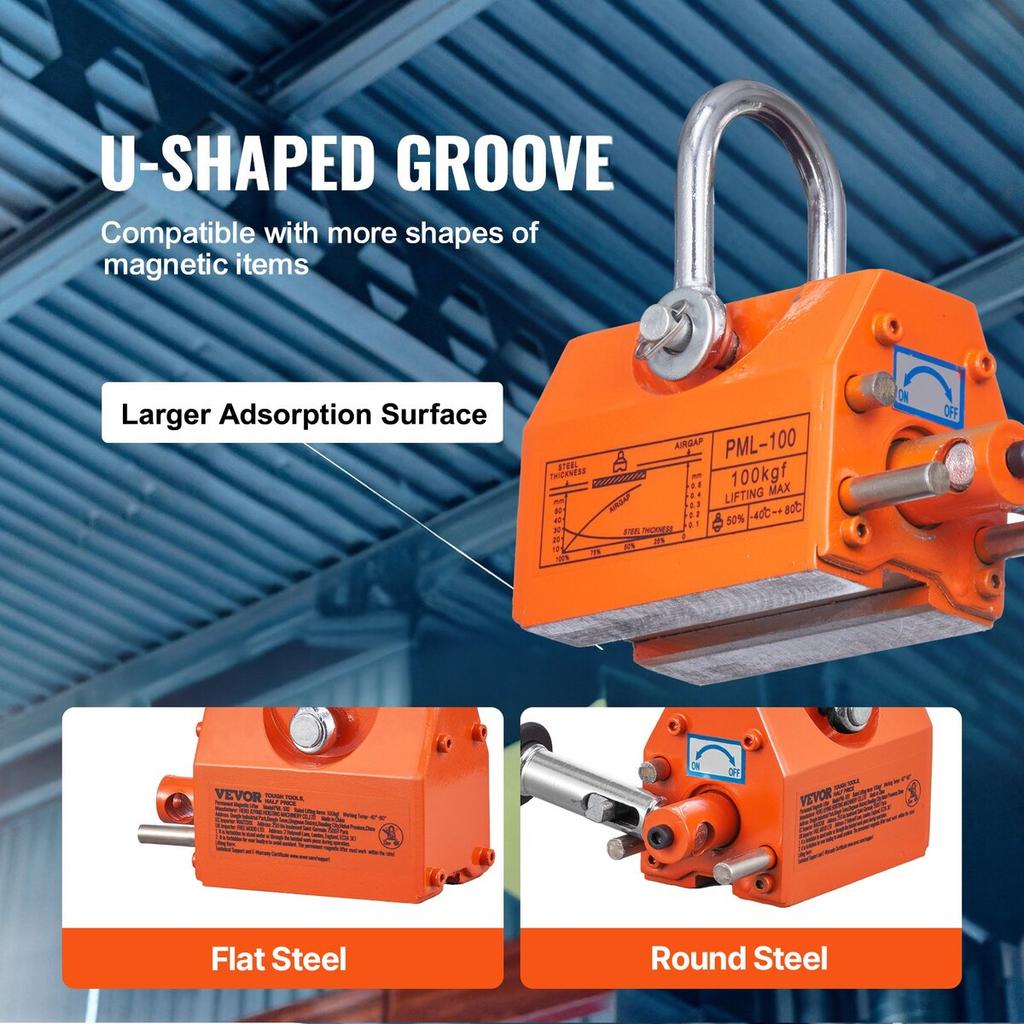 Magnetic Lifter, 220 lbs/100 kg Pulling Capacity, 2.5 Safety Factor, Neodymium & Steel, Lifting Magnet with Release, Permanent Lift Magnets, Heavy