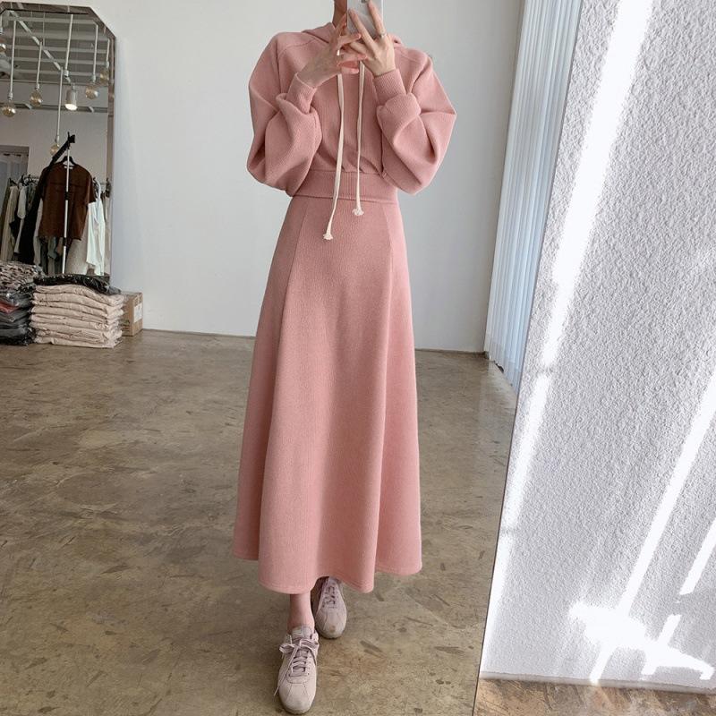 Autumn and Winter Style Loose Long-sleeved Hooded Sweatshirt High-waisted Long Skirt Two-piece Set