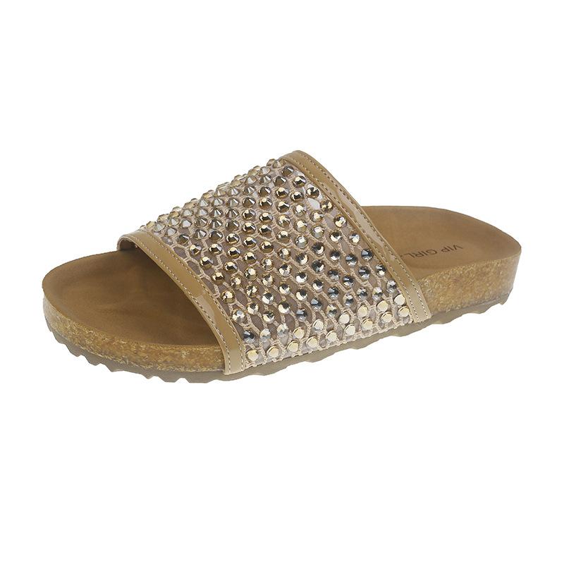 Women's shoes 2025 summer new wear fashion versatile mesh rhinestone decoration one-word drag thick-soled beach cool slippers