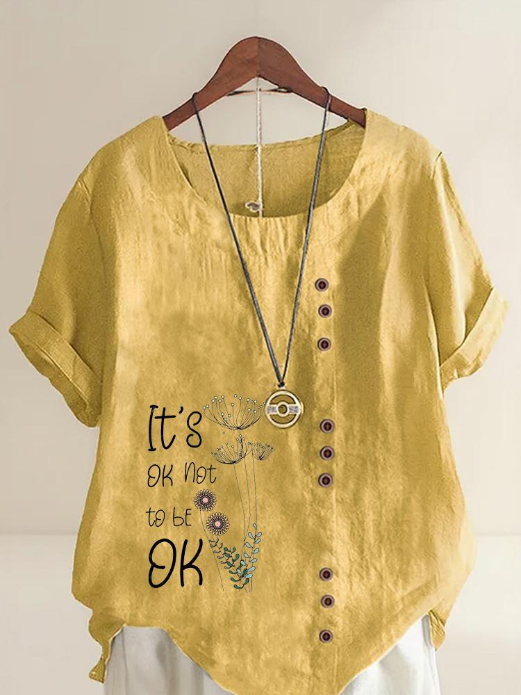 Women's Fashion Flowers and Dandelion Letters Print Round Neck Short Sleeve T-shirt Casual Cotton Linen Graphic Shirt Leisure Loose Summer Blouse Tops