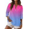 Women Casual Gradient Print V Neck Button Three Quarter Sleeve T Shirt Linen Cotton Blended Top for Daily Wear