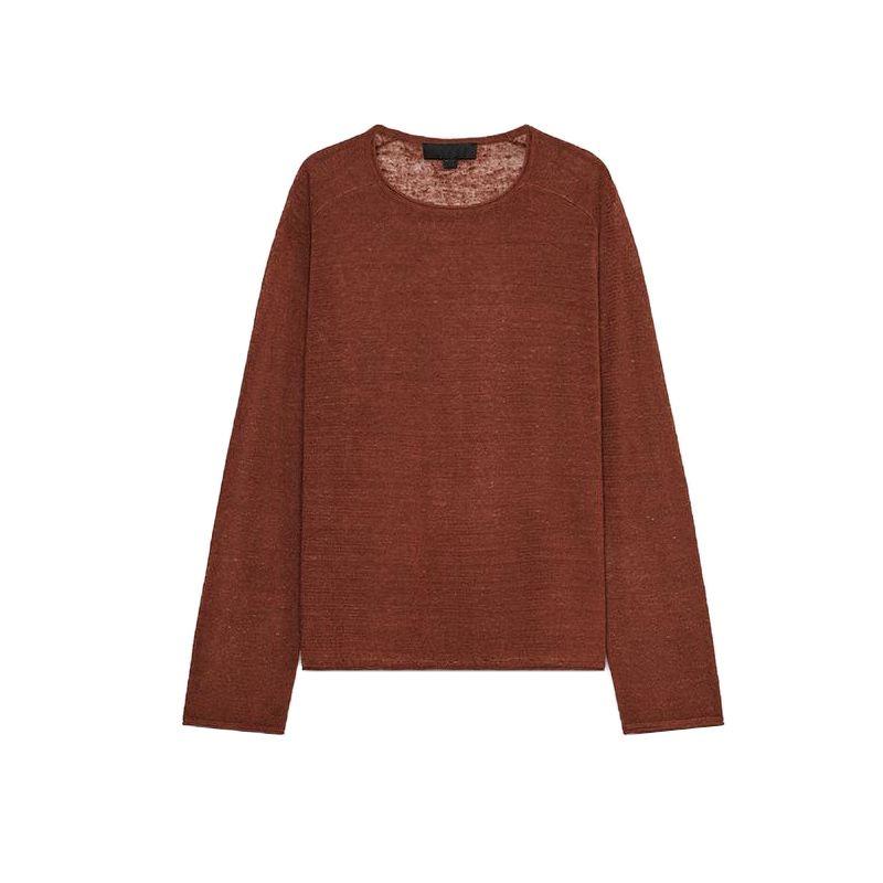 Spring New Women's Clothing Linen Blended Minimalist round Neck Long Sleeves Base Knitwear Tops 2893030
