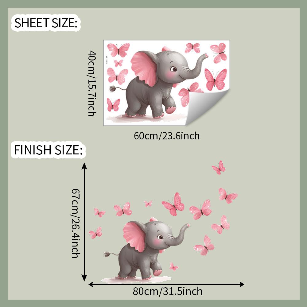 Adorable Cartoon Elephant with Pink Butterflies Wall Stickers, Whimsical Wall Art for Girls Bedroom, Kids Room and Living Room Decor 40x60CM разноцветный