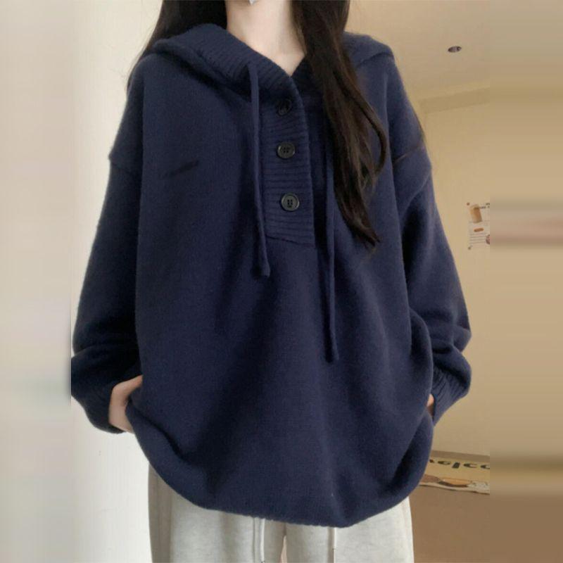 Women's Blue Hooded Knit Sweater - 2025 Autumn/Winter Loose Korean Style