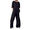 Damen Plus Size Sommer Baumwoll-Leinen 2-teiliges Set: Lockeres Hemd & High-Waist Weitbeinige Hosen