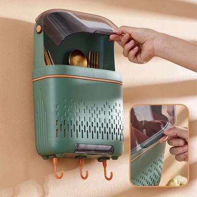 Multi-functional Dustproof Chopstick Holder Wall-Mounted Cutlery Holder Kitchen Knife Fork Spoon Container with Lid for Drainage