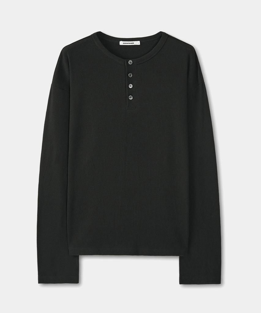 EXCONTAINER Henley Neck Waffle Long Sleeve (Black)