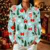 Women's Casual Christmas Print Long Sleeve Button Down Shirt with Lapel Collar and Side Slits