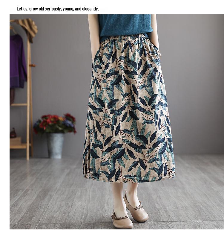 Retro Art Thin Cotton-Linen Skirt for Women – Digital Print, Big Swing, Long & Lightweight for Summer