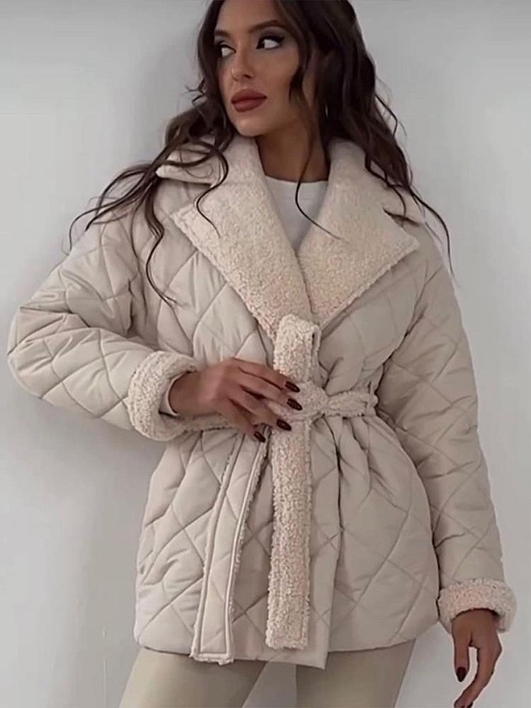 Women's Collar Tied Waistband Jacquard Thick Jacket Top