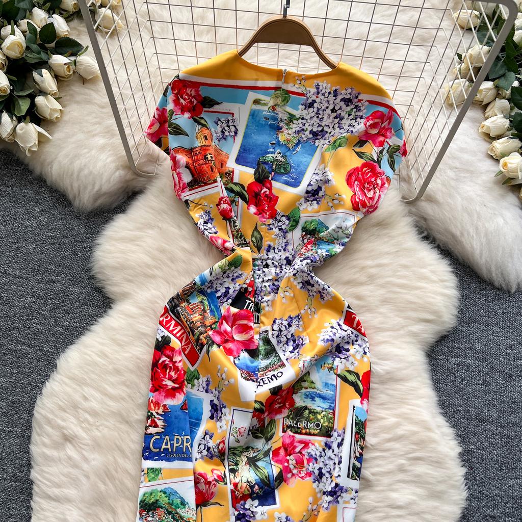 Summer Women Designer Vintage Print Rose Runway Dress Short Sleeve Office Party Slim Bodycon Pencil Dresses