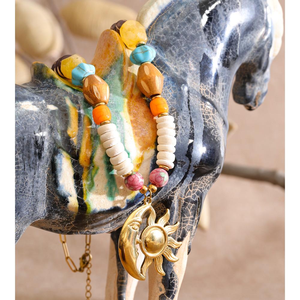 Eetit New Arrival Handmade Jewelry Natural Stone Resin Wood Beads Sun Moon Drop Necklace Stainless Steel Accessories Waterproof