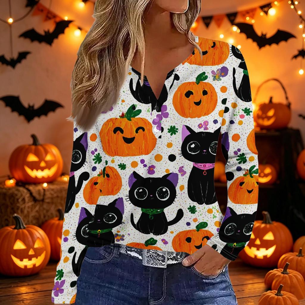 Women's Fashion Casual Halloween Print V Neck Decorative Button Long Sleeve T Shirt Top Lightweight Comfortable Fit