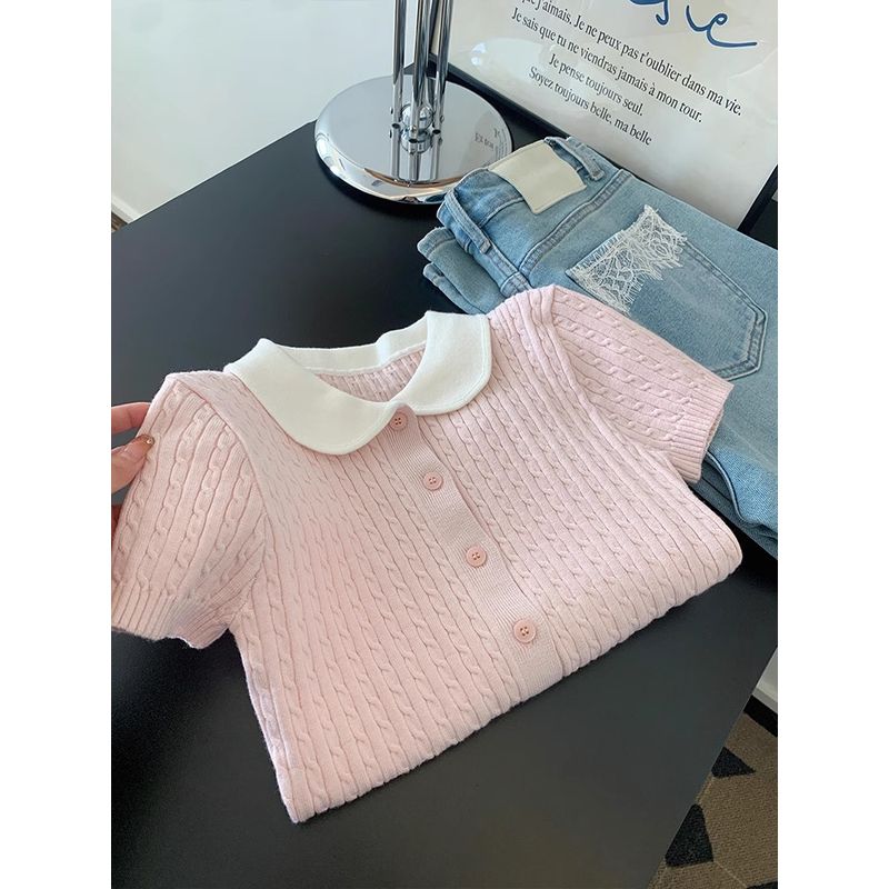 

Pink Slim fit Short sleeve Shoulder T-shirt Women Small Temperament Short Slimming Top Polo Doll Collar Knit Pink S