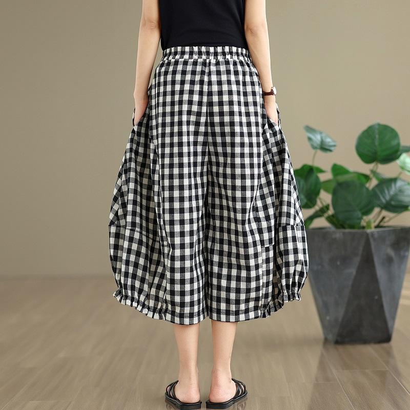 Rozmiar plus Vintage krata wysoki stan Casual luźne Lato szerokie nogawki Spodnie krzyżowe Kobiety Spodnie