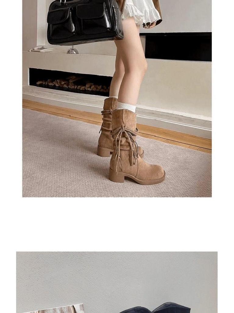 Buty rycerskie z frędzlami Wasteland: Jesień 2025 Botki Kowbojskie z Miękkiego Zamszu na Grubym Obcasie do Połowy Łydki z Wycięciem w Serek