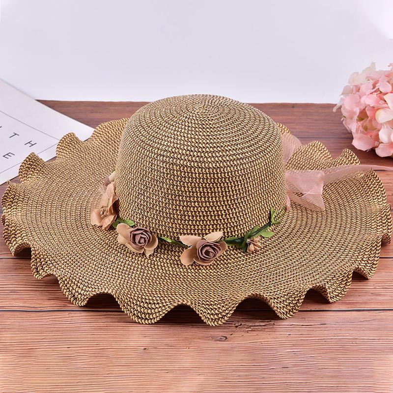 Women Sun Hat Big Wide Brim Beach Handmade Floral Summer Straw Sun Cap