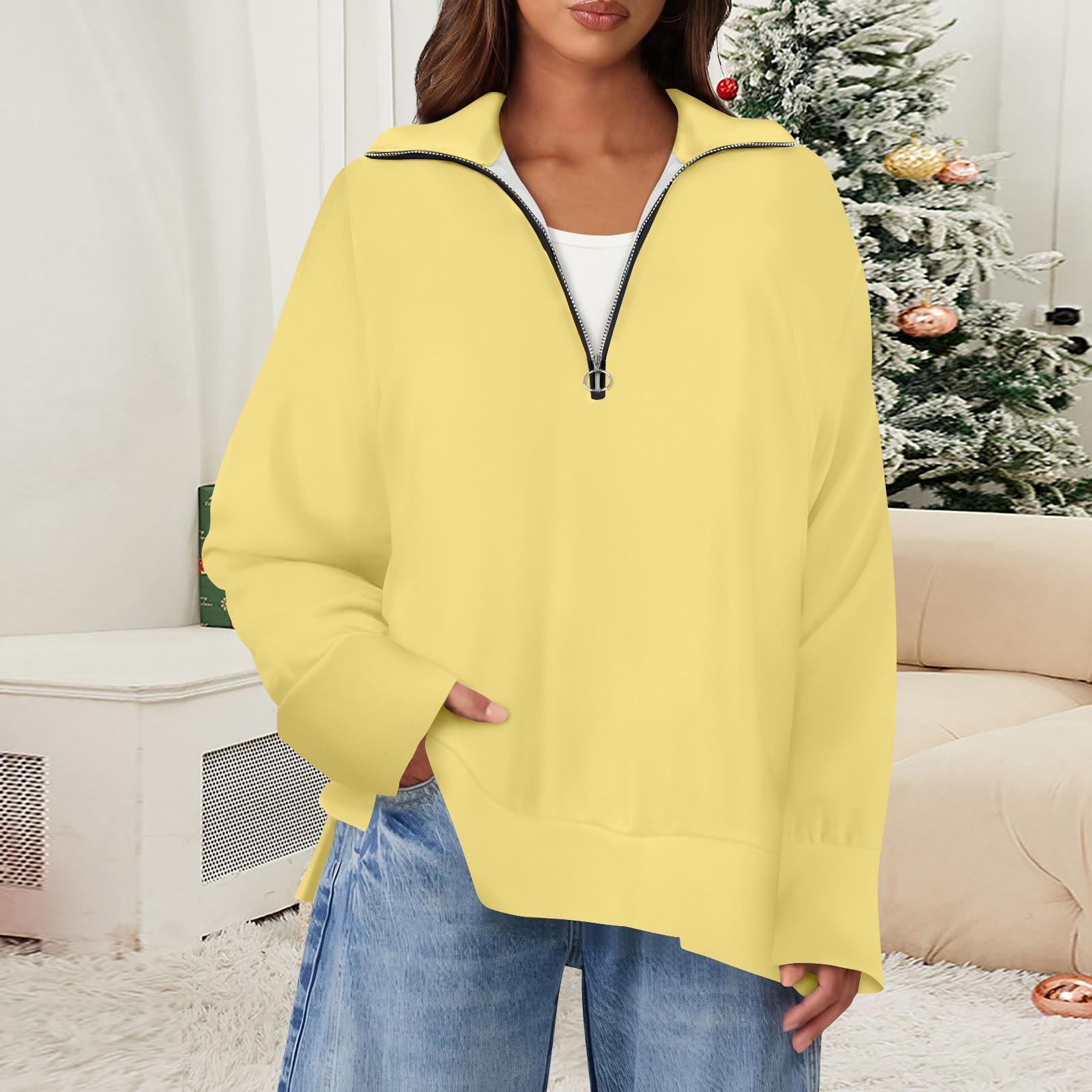 

Женский повседневный однотонный пуловер с застежкой-молнией на лацкане и боковыми разрезами, модная одежда XL жёлтый