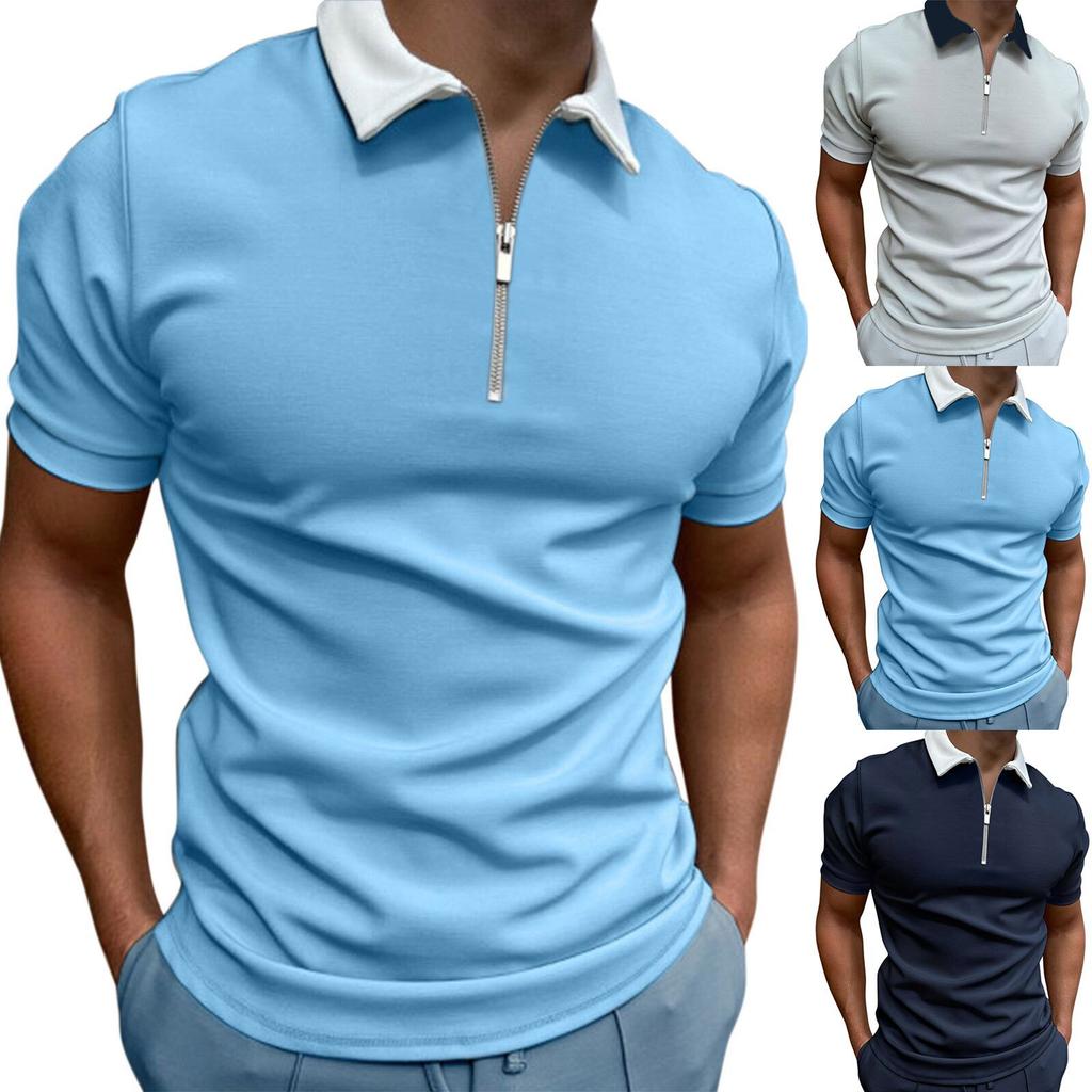 Men Slim Fit Short Sleeve Zip Collar Casual Polo Shirt