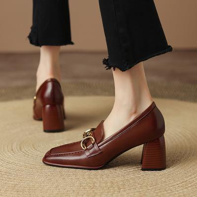 Fashion 2025 Spring New Genuine Leather Women Shoes Leisure Women Slip-On Shallow Pumps Square Toe Heels Shoes Women Zapatos De Mujer
