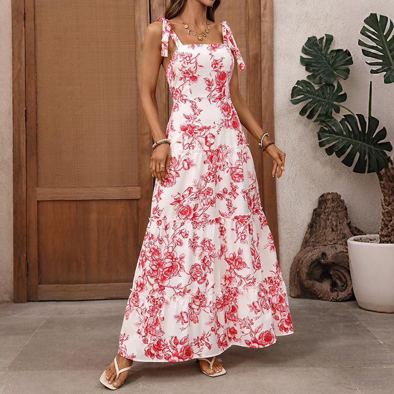 Women s Floral Print Maxi Dress Tie Shoulder Straps Square Neck Tiered Boho Sundress S