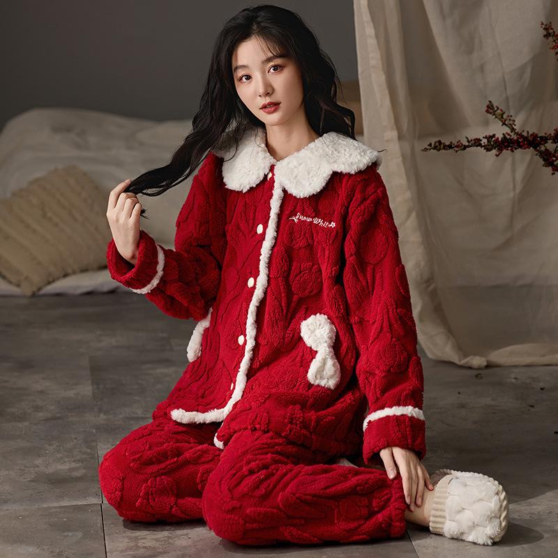 Can Be Worn Outside Coral Velvet Pajamas Women's Winter Two-piece Set Thickened Fleece Flannel Loose Large Size Warm Loungewear