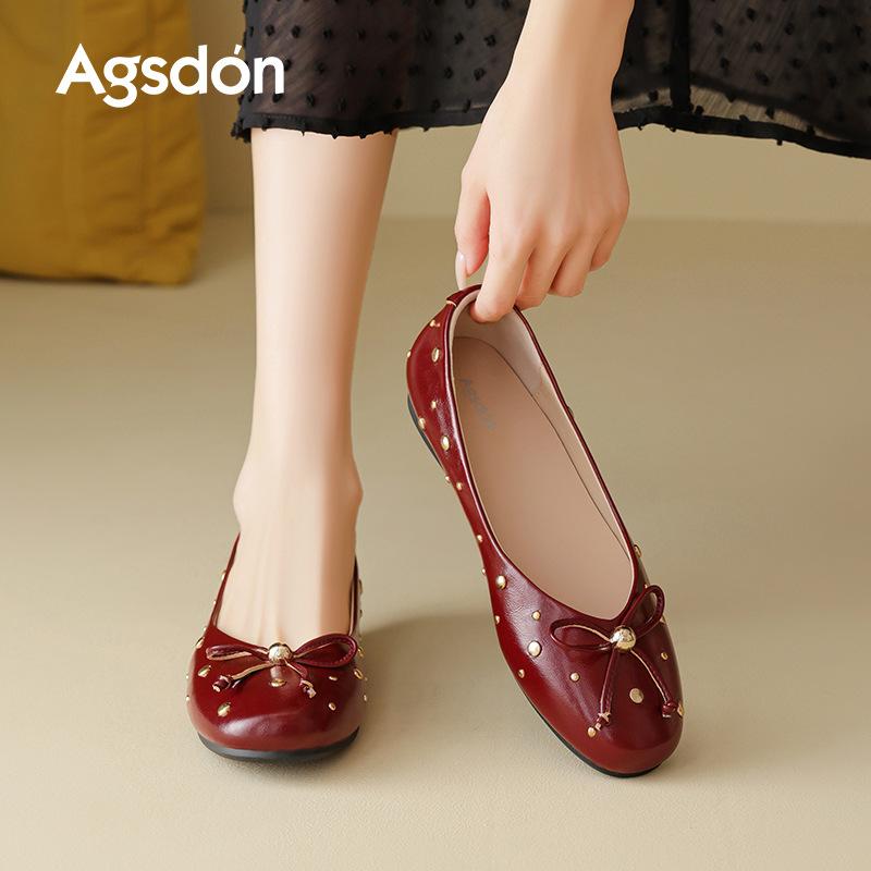 Augustine Red Flat-soled Single Shoes for Women's 2025 New Summer French Shallow Mouth Mary Jane One-pedal Small Leather Shoes