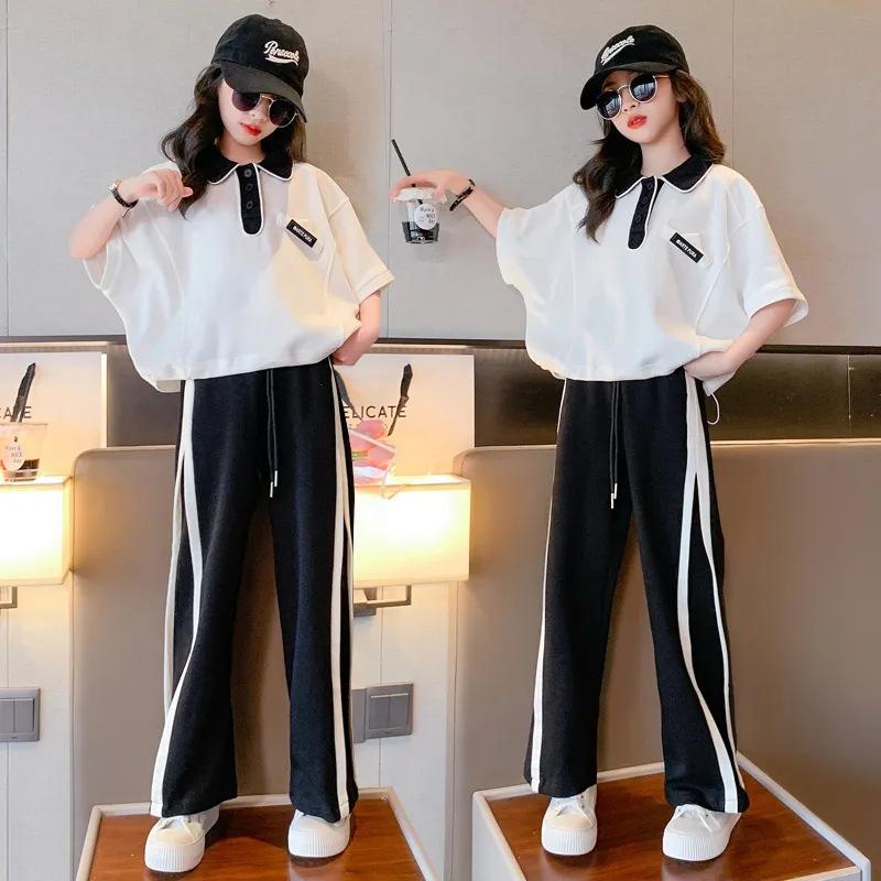Girls  Spring Summer Clothes Children Set Kids Loose T-shirt Top and Bottom Striped Wide Leg Pant