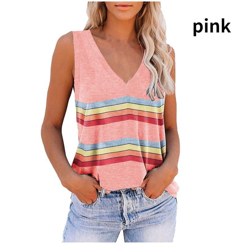 

Женская сексуальная футболка без рукавов с v-образным вырезом, полосатая футболка с принтом, топы, летние свободные повседневные модные топы на бретельках Mujer Verano S розовый