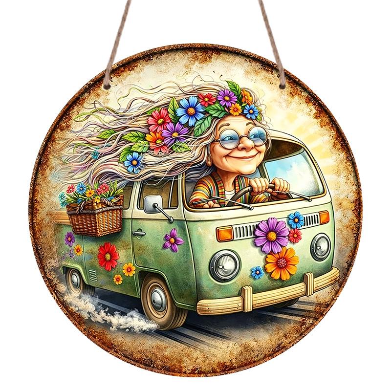 2D Flat Aluminum Colorful Floral Hippie Grandma Decorative Plaque and Ornament. Bohemian-style Flower Cart Wall Decoration, Suitable for Porches