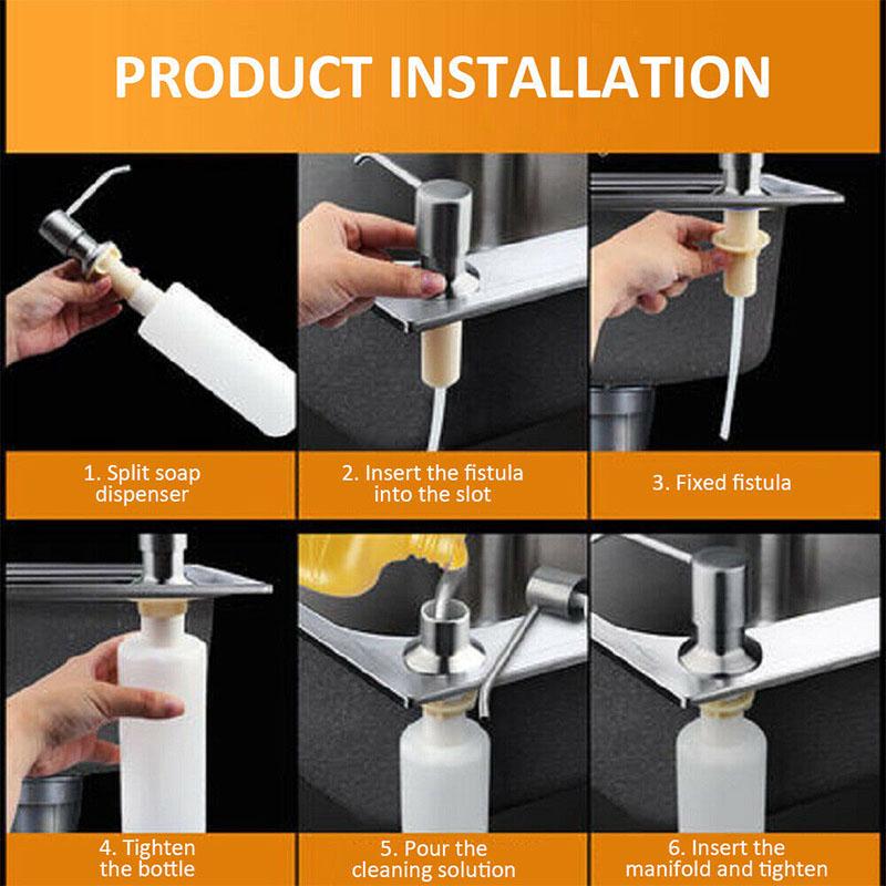 Eingebauter Seifenspender für die Küchenspüle, gebürstetes Nickel, Edelstahl, Arbeitsplatten-Pumpenkopf, Spülmittel-Handlotionspender