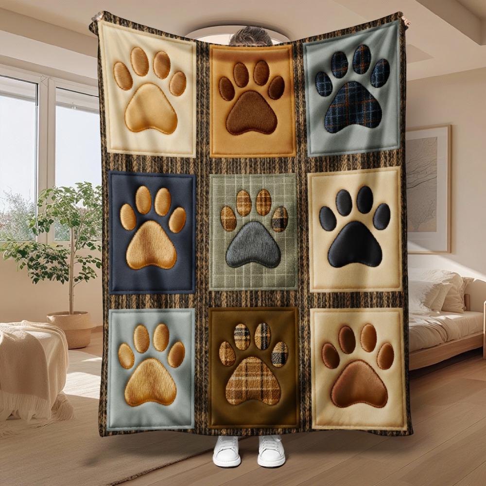 1pc Paw Print Patchwork Pattern Printed Fleece Blanket, Soft And Skin-Friendly, All Seasons Suitable, Machine Washable, Soft War