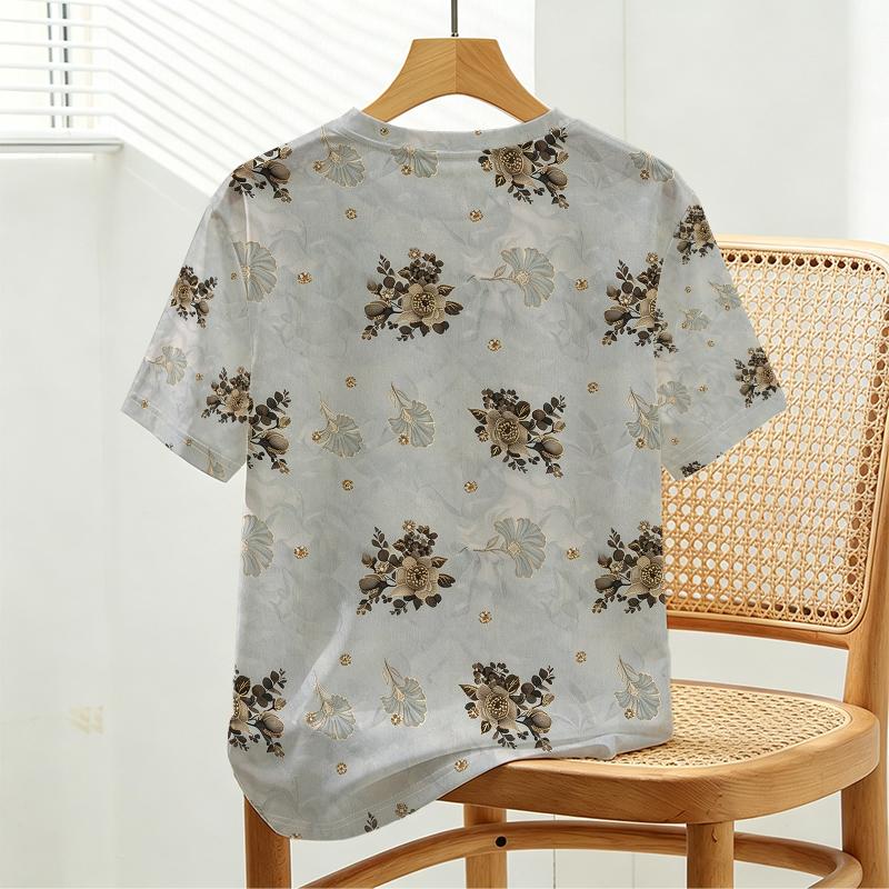 Women's Floral Short Sleeve Tee Basic Versatile Soft Casual Top for Daily Shopping & Outings