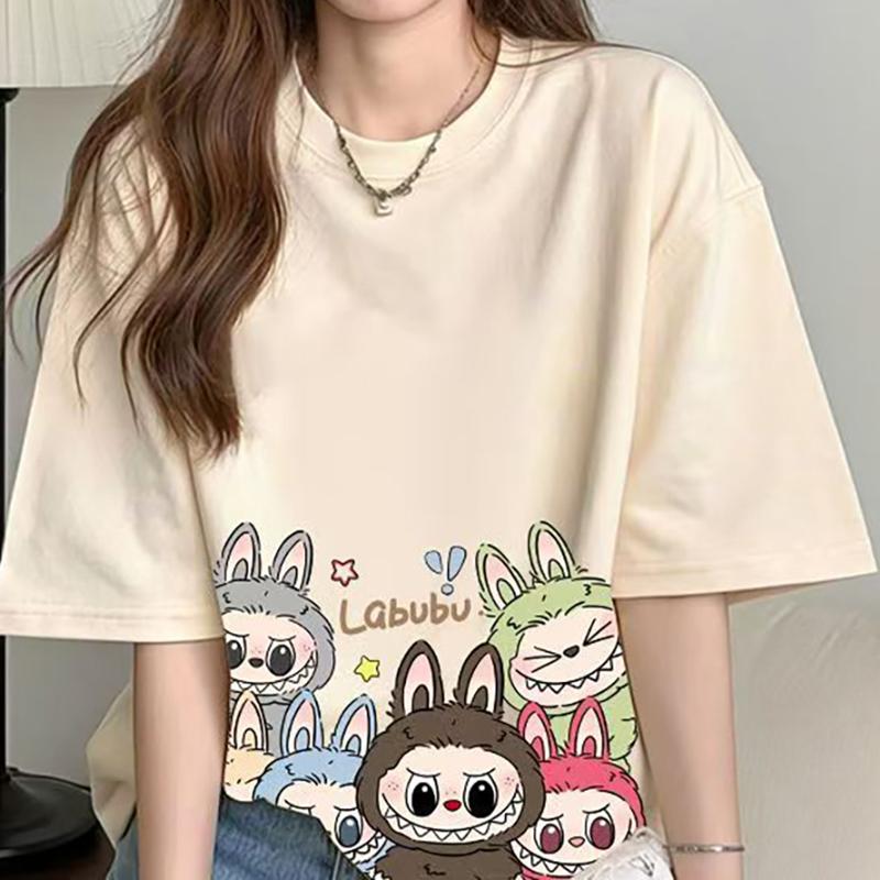 Labubu Print Women Short Sleeve T-shirt Summer Casual Fashion Clothing Girl Cartoon Cute Anime Printed Tops