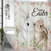 Easter Shower Curtain with Bunny Flowers, Pink Floral Spring Shower Curtain with Hooks, Waterproof Fabric Bathroom Curtains for
