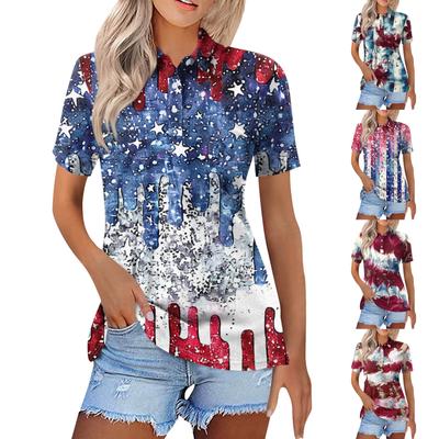 Camicia da donna casual alla moda con risvolto e maniche corte stampata per il Giorno dell'Indipendenza, top da donna abbottonati
