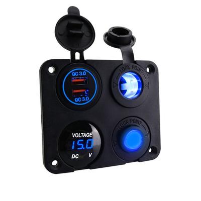4 In 1 Panel Dual QC 3.0 USB Car Charger Power Outlet Voltmeter Power Socket Toggle Switch for Marine Boat RV Truck