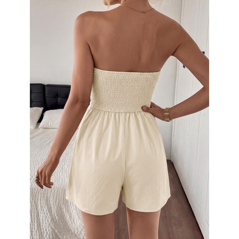 Women Solid Color Strapless Smocked Waist High Waist Wide Leg Short Vacation Romper
