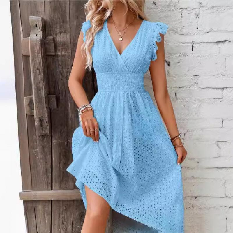 Fashion White Hollow Lace Midi Dresses Women Summer V Neck Ruffle Sleeve Dress Elegant Office Lady Casual Beach Holiday Sundres