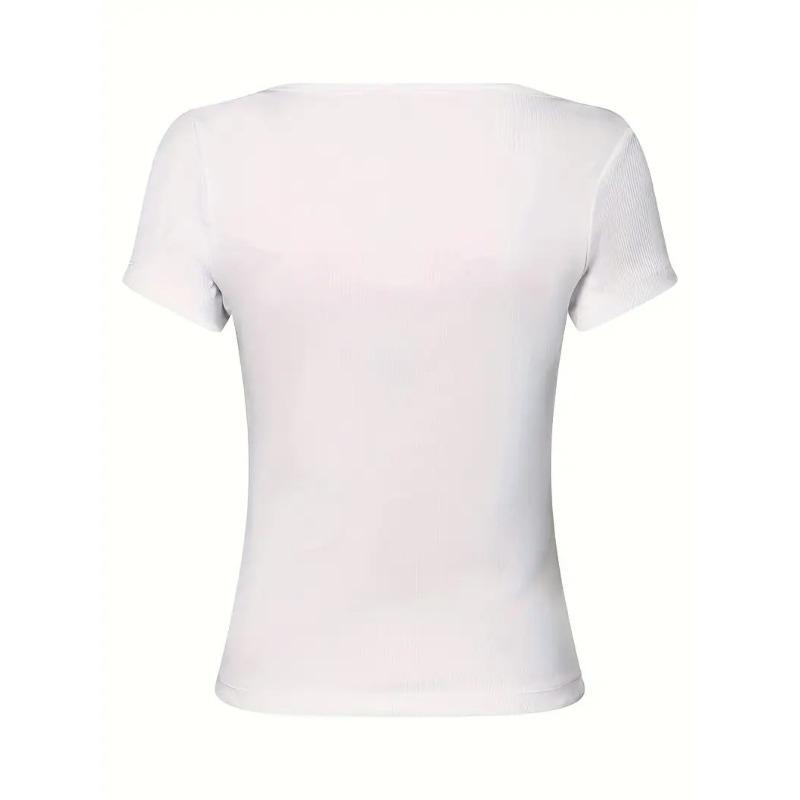 Women'S Elegant Button-Front T-Shirt with Golden Button Details Faux Pockets Casual Chic Style, Date Night Outfit, Decorative Front Buttons