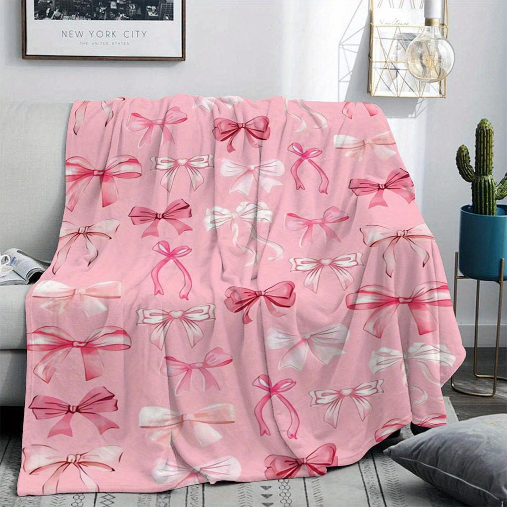 Pink Bow Print Flannel Blanket - Soft Reversible, All-Season Gift for Sofa, Bed, Office, Travel, Family