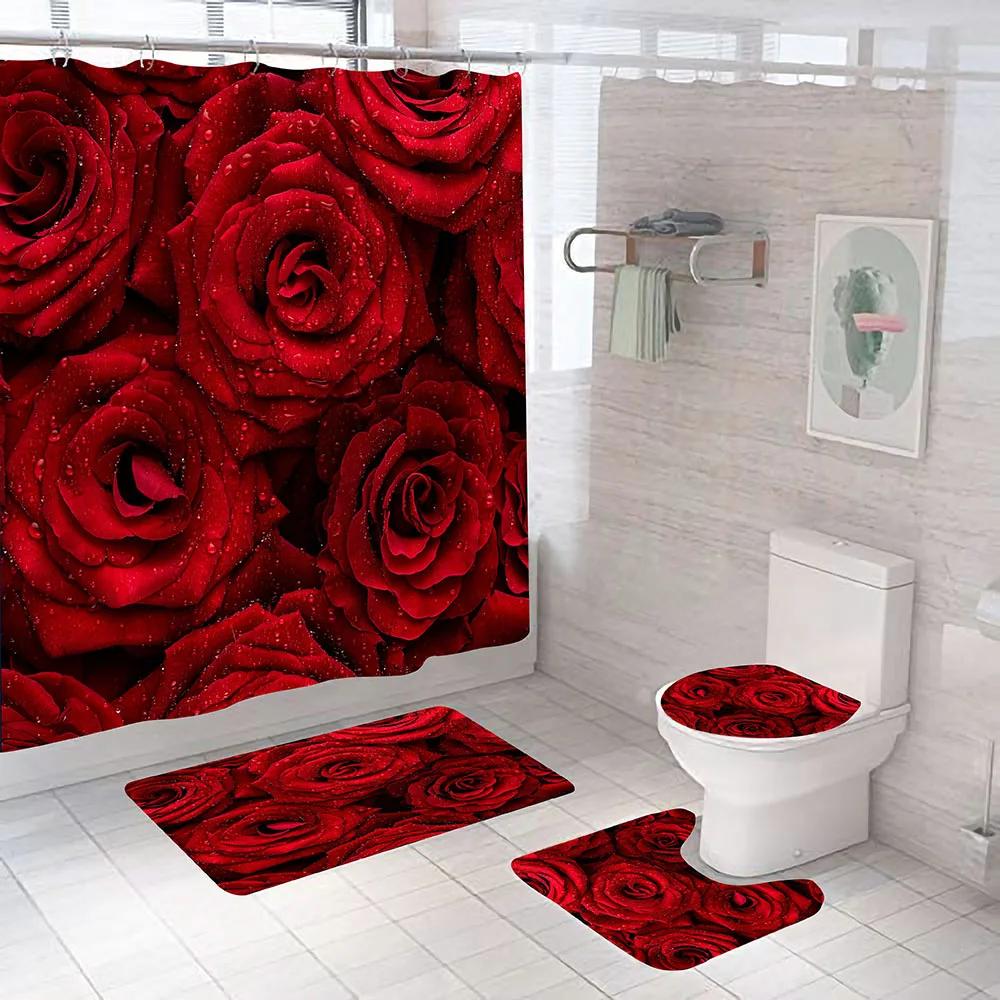 Red Rose Flowers Pattern Shower Curtain Set With Rugs Waterproof Bathing Screen Anti-Slip Toilet Lid Cover Rugs Bathroom Decor