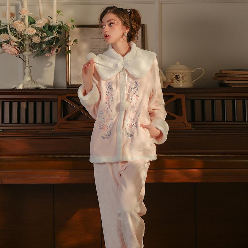 Women’s Plush Sleeping Suits Sexy Thick Velvet Embroidered Outer Robe and Pants Lounge Pajamas Comfortable Clothing